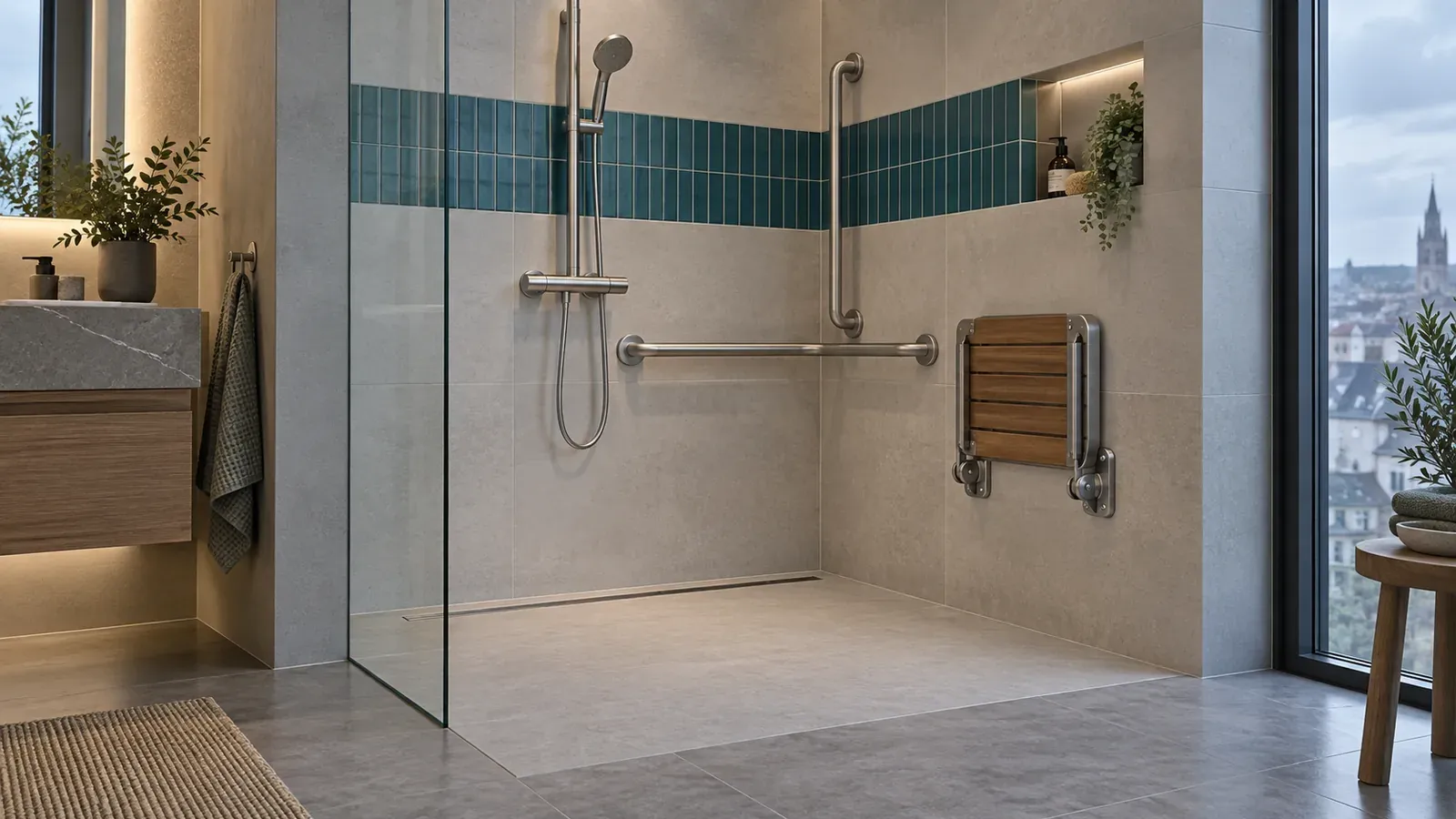 Douche extra-plate avec siège rabattable et barres d’appui